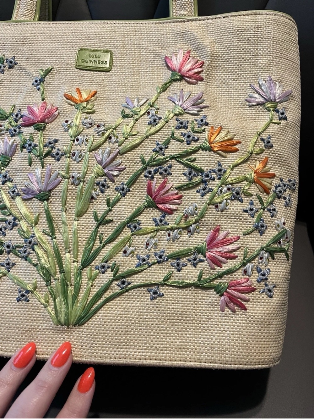 Lulu Guinness Vintage Straw Tote with Pink, Orange, Lavender Floral Embroidery - Picture 9 of 9
